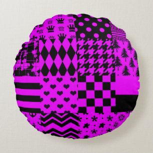 Purple Black Mixed Patterns Patchwork Design Round Cushion