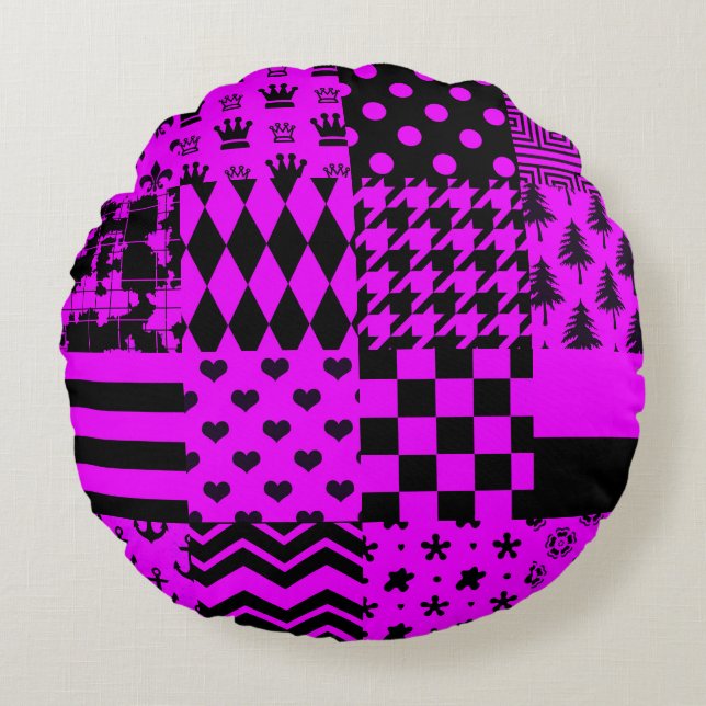 Purple Black Mixed Patterns Patchwork Design  Round Cushion (Front)