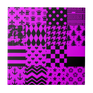Purple Black Mixed Patterns Patchwork Design  Tile
