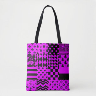 Purple Black Mixed Patterns Patchwork Design  Tote Bag