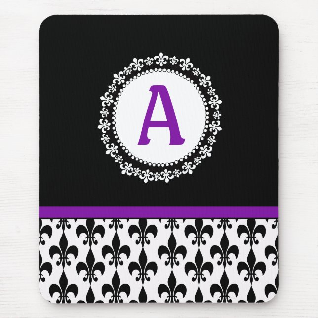 Purple Black Monogram Fleur de Lis Mouse Mat (Front)