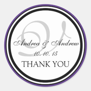 Purple Black Monogram V Wedding Thank You Classic Round Sticker