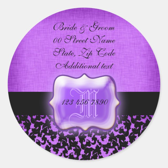 Purple black "new address" wedding floral damask classic round sticker (Front)