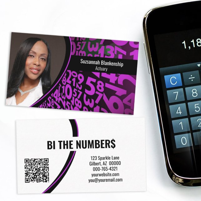 Purple Black Numbers Custom Photo QR Code Business Card (Share you information on this black and purple numbers, QR code custom photo business card.)