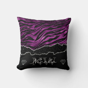 Purple & Black Ombre Glam Glitter Tiger Stripes Cushion