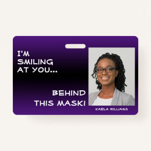 Purple & Black Ombre Smiling Hello Behind Mask ID Badge