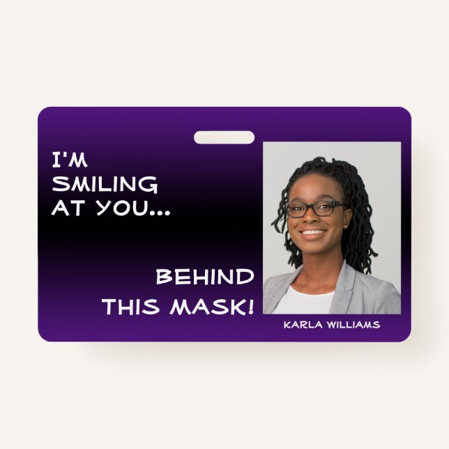 Purple & Black Ombre Smiling Hello Behind Mask ID Badge (Front)