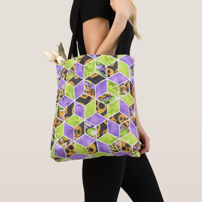 PURPLE BLACK ORANGE GREEN DIAMOND PATTERN TOTE BAG (Close Up)