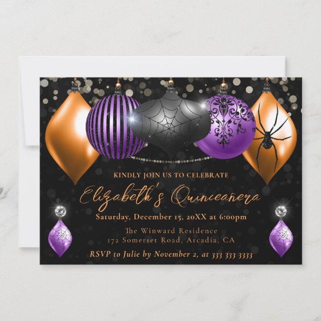 Purple Black, Orange Halloween Baubles Quinceanera Invitation (Front)