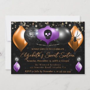 Purple, Black, Orange Halloween Baubles Sweet 16 Invitation