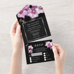 Purple black orchid chic flower wedding luxurious all in one invitation
