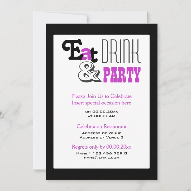 Purple black party "eat drink and" stylish invitation (Front)