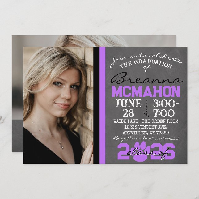 Purple & Black Paw Print Graduation 2 Photo Invitation ( Repeating Class Year 1 & 2 Photo Graduation Invitations & Announcements)