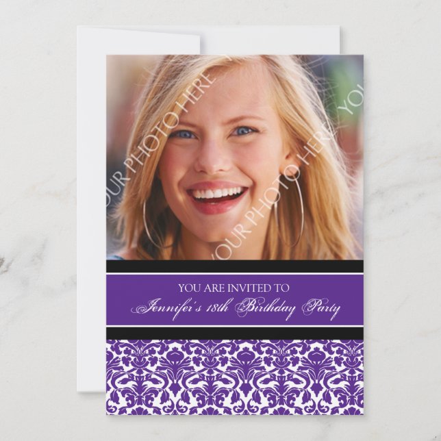 Purple Black Photo 18th Birthday Party Invitations (Front)