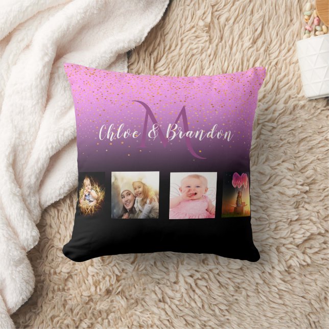 Purple black photo collage name monogram cushion (Blanket)