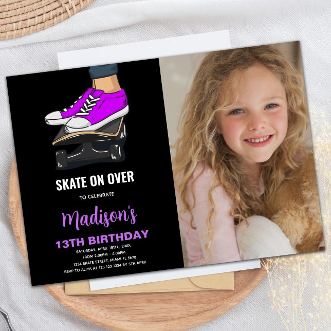 Purple Black Photo Skateboards Birthday Invitation (Purple Black Photo Skateboards Birthday Invitation)