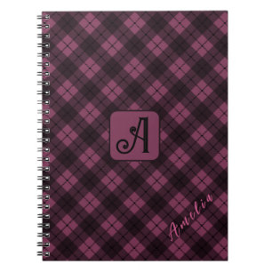 Purple Black Plaid Customise Name Notebook