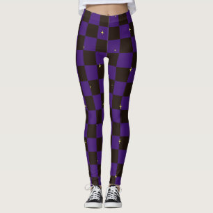 Purple & Black Plaid Halloween Leggings With Stars