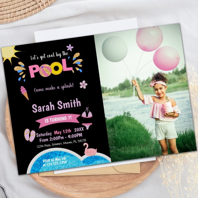 Purple Black Pool Birthday Invitations with photo (Purple Black Pool Birthday Invitations with photo)