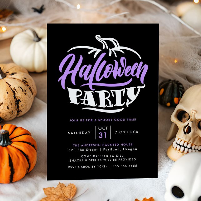 Purple & Black Pumpkin Typography Halloween Party Invitation (Creator Uploaded)