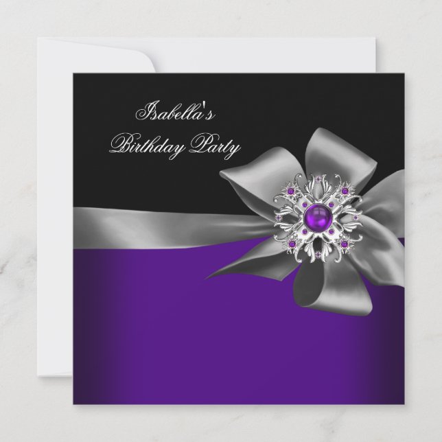 Purple Black Purple Jewel Grey Birthday Party Invitation (Front)
