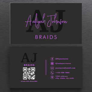 Purple Black QR Code Braids Hair Stylist Business Card