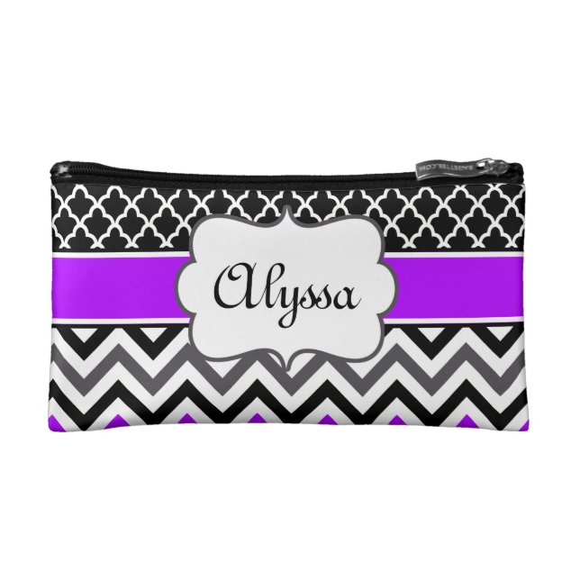 Purple Black Quatrefoil and Chevron Personalised Cosmetic Bag (Front)