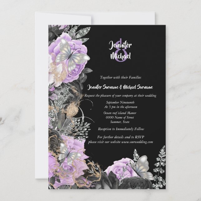 Purple black rose butterfly chic elegant wedding invitation (Front)