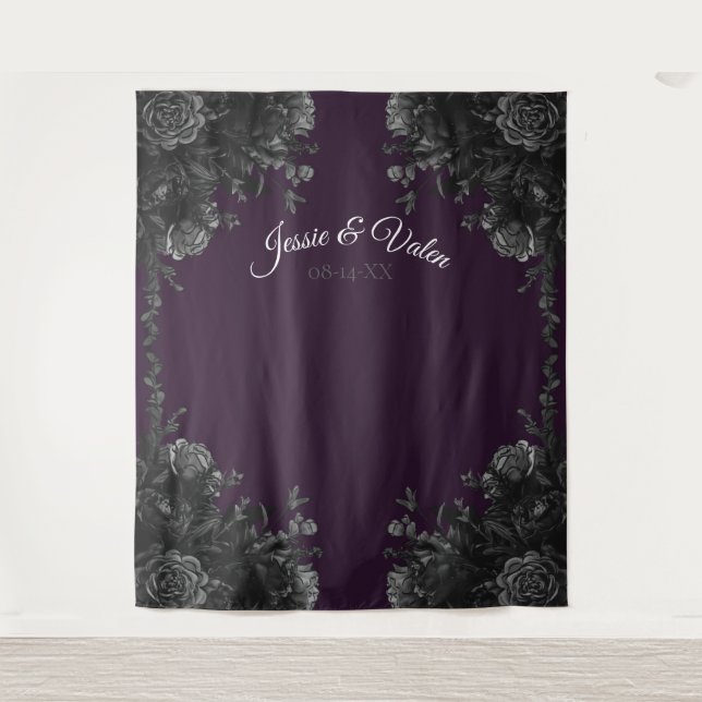 Purple Black Rose Gothic Wedding Photo Backdrop Tapestry (Front)