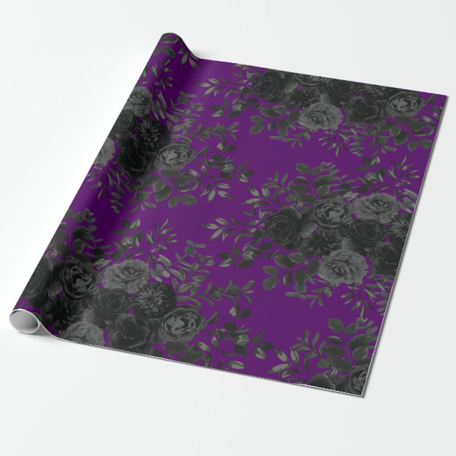 Purple & Black Rose Gothic Wedding Wrapping Paper (Unrolled)