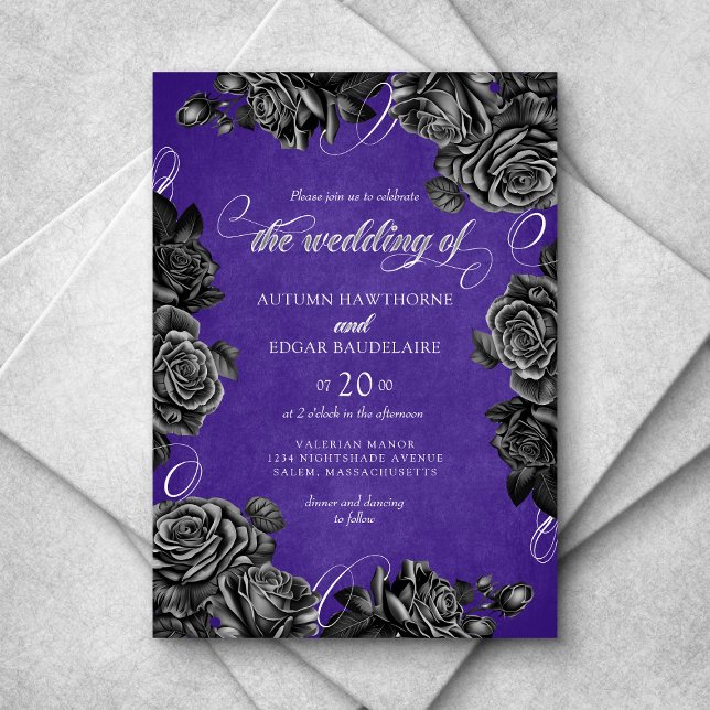 Purple Black Roses Gothic Wedding Invitation (Creator Uploaded)