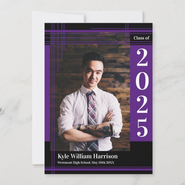 Purple Black School Colour Graduation Photo Plaid Invitation (Front)