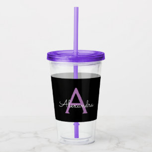 Purple Black Script Girly Monogram Name Acrylic Tumbler