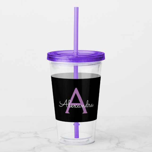 Purple Black Script Girly Monogram Name Acrylic Tumbler (Front)