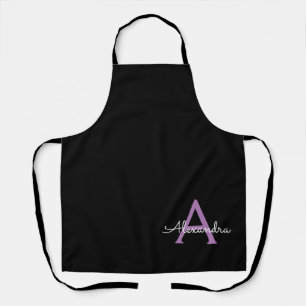 Purple Black Script Girly Monogram Name Apron