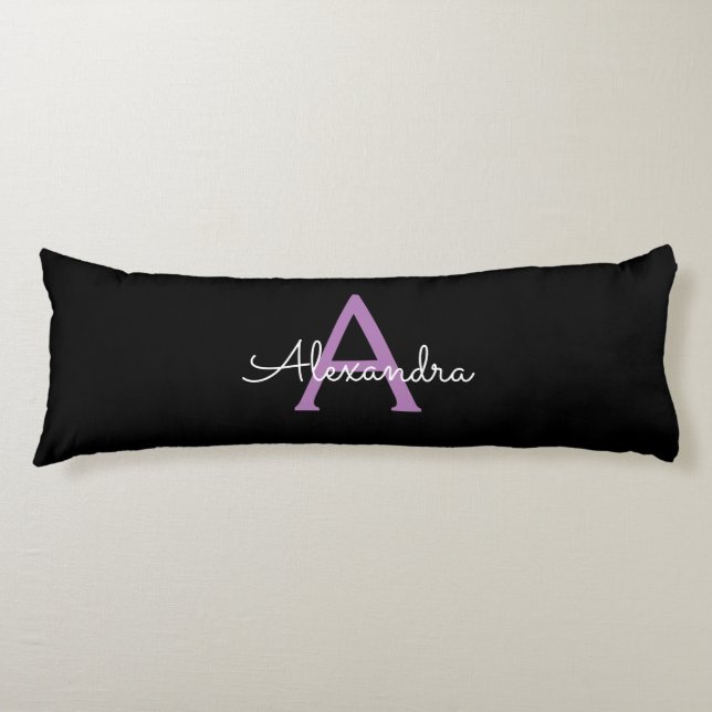 Purple Black Script Girly Monogram Name Body Cushion (Front)