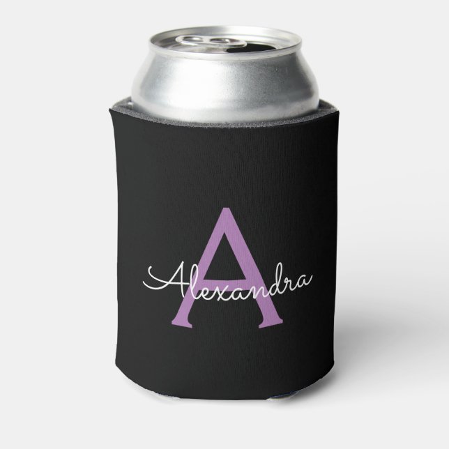 Purple Black Script Girly Monogram Name Can Cooler (Can Back)