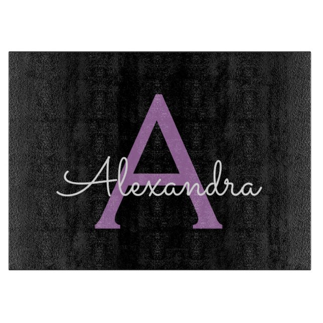 Purple Black Script Girly Monogram Name Cutting Board (Front)