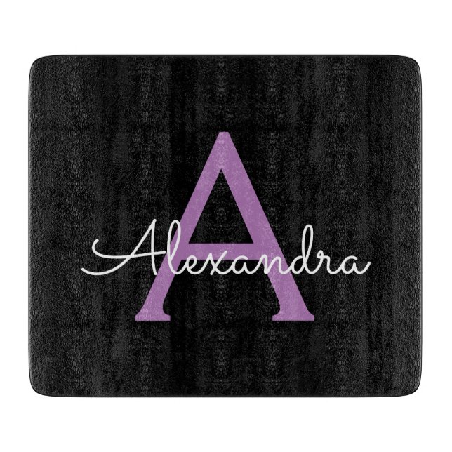 Purple Black Script Girly Monogram Name Cutting Board (Front)