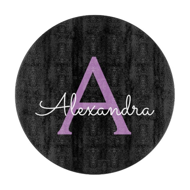 Purple Black Script Girly Monogram Name Cutting Board (Front)