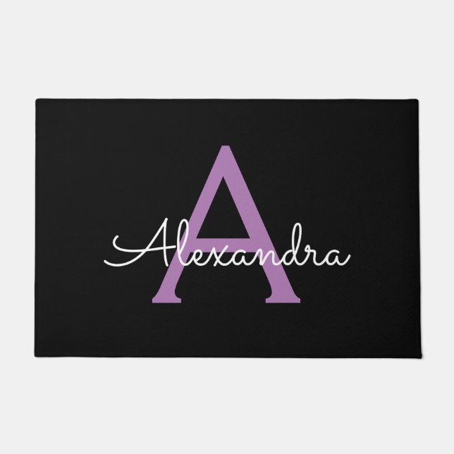 Purple Black Script Girly Monogram Name Doormat (Front)