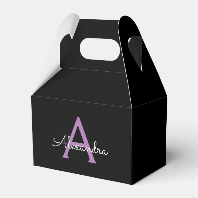 Purple Black Script Girly Monogram Name Favour Box (Front Side)