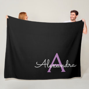 Purple Black Script Girly Monogram Name Fleece Blanket