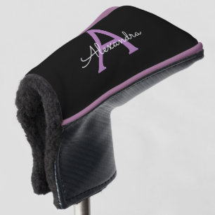 Purple Black Script Girly Monogram Name Golf Head Cover