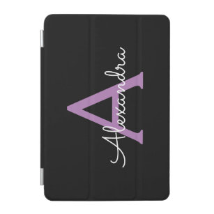 Purple Black Script Girly Monogram Name iPad Mini Cover