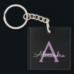 Purple Black Script Girly Monogram Name Key Ring<br><div class="desc">Black and Purple Simple Script Monogram Name Keychain. This makes the perfect sweet 16 birthday,  wedding,  bridal shower,  anniversary,  baby shower or bachelorette party gift for someone that loves glam luxury and chic styles.</div>