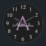 Purple Black Script Girly Monogram Name Large Clock<br><div class="desc">Purple and Black Simple Script Monogram Name Clock. This makes the perfect sweet 16 birthday,  wedding,  bridal shower,  anniversary,  baby shower or bachelorette party gift for someone that loves glam luxury and chic styles.</div>