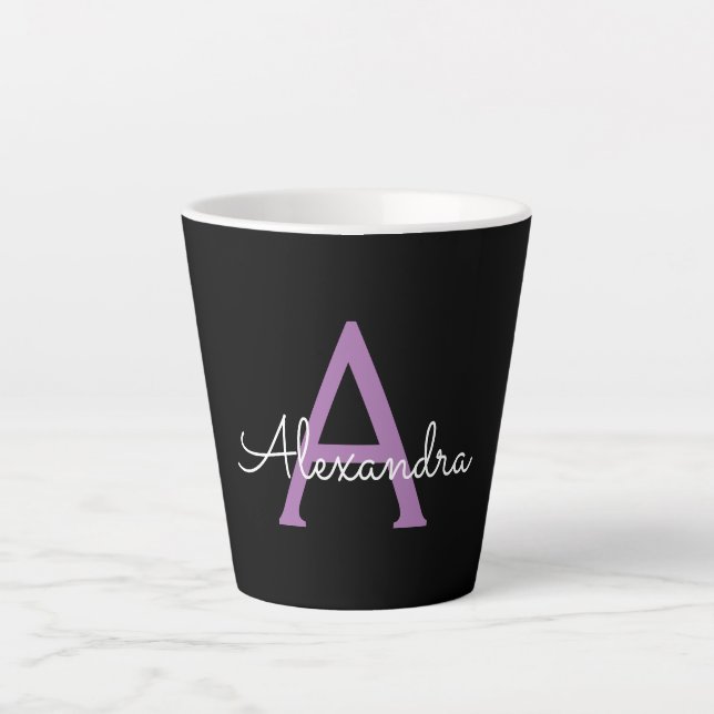 Purple Black Script Girly Monogram Name Latte Mug (Front)