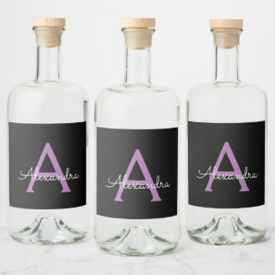 Purple Black Script Girly Monogram Name Liquor Bottle Label