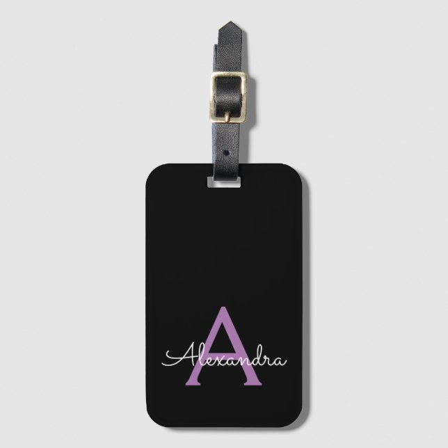 Purple Black Script Girly Monogram Name Luggage Tag (Front Vertical)